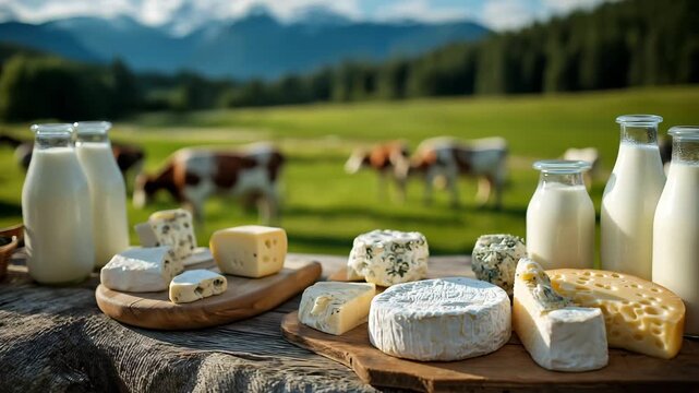 Various dairy products with green meadows and cows in the background, set on an outdoor table. The scene includes milk bottles, cheese platters, and a beautiful natural view