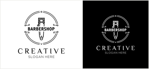 Two versions of a barbershop logo featuring a razor and comb inside a decorative circle, with "Creative" text.