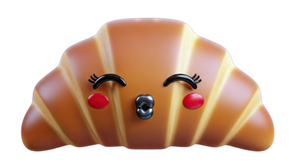 Charming 3D Rendered Croissant Character with Cute Smiling Face and Red Cheeks on Transparent Background Bakery Pastry Food Illustration