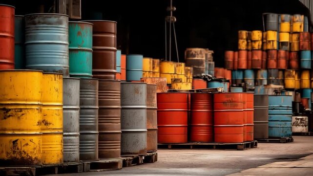 Metal oil barrels stacked in outdoor storage yard at industrial, representing industrial production, storage, and chemical container concept