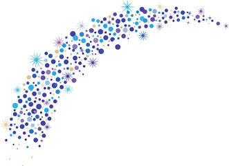 Blue and purple confetti stream in an upward curve on a white background
