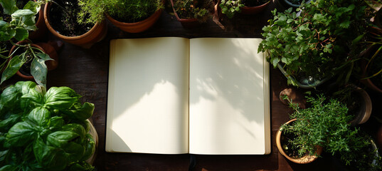 Open notebook surrounded by various green plants in a cozy setting