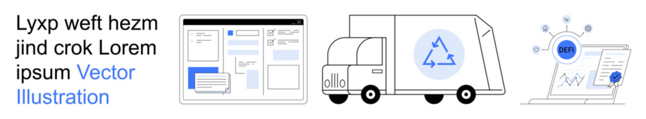 Business processes, logistics, data analysis, sustainability, eco-friendly transportation, recycling. Interface screens, a truck with a recycling sign and data processing visuals. Logistics and data
