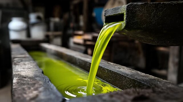 Fresh green olive oil flowing in the mill, high detail, rustic mill setting