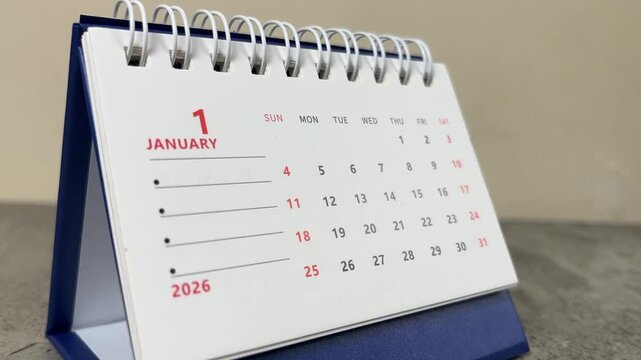 January 2026. Resolution, strategy, solution, goal, business and holidays. Date month. Page of annual monthly calendar. planning new year. extreme close up view. selective focus. blur, bokeh.