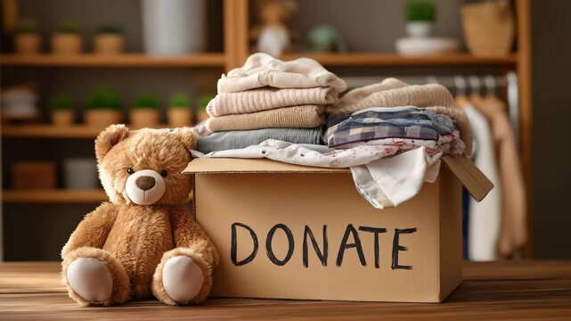 A box filled with second hand clothes, Teddy Bear, Toys, and a donation box full of clothes, charity helping and needy people, Reuse recycle, moving, Both box with "DONATE" text on it