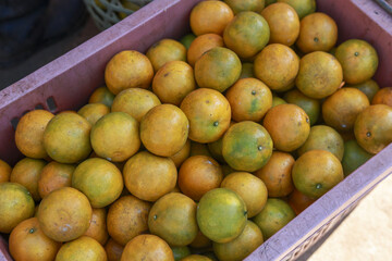Close up top view of fresh ripe organic orange fruit in purple crate. Healthy citrus collection at farmer market offering vibrant, natural and abundant feeling