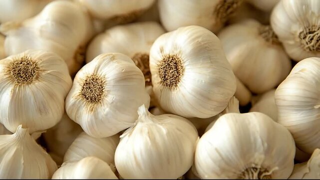 Close-up of a pile of fresh garlic bulbs, showcasing their natural texture and form.