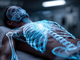 Digital skeleton scan appears over patient's chest. The body lies on a hospital bed.