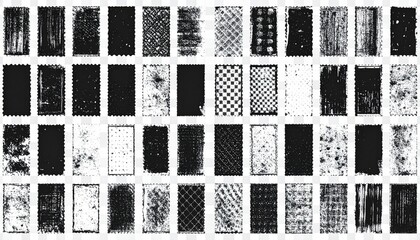 Set of grunge rolled ink stamp textures handmade with brayer. Letterpress vintage rough irregular rectangle vertical backgrounds Linocut relief printing shapes vector illustration transparent backdrop