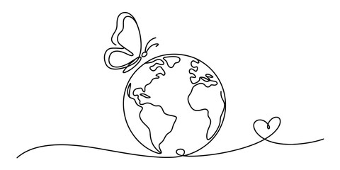 Continuous one line drawing of a butterfly on a world globe with a heart, symbolizing environmental protection, love, and global care. Vector, illustration