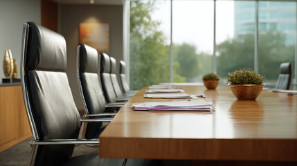Pessimistic outlook modern conference table with leather chairs natural light plants and paperwork creating calm professional
