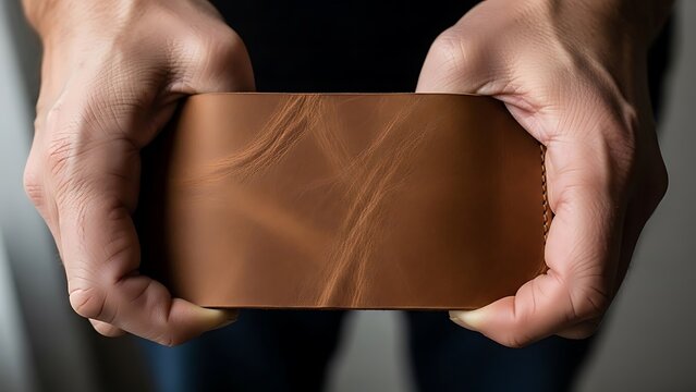 Hands holding a premium leather wallet displaying craftsmanship detail