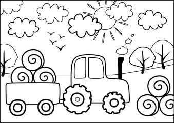 Black and white tractor with trailer carries hay in rolls. Coloring book for kids. 