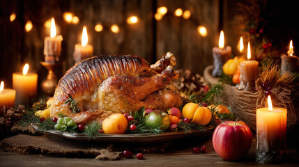 Thanksgiving feast featuring a roasted turkey with seasonal decorations