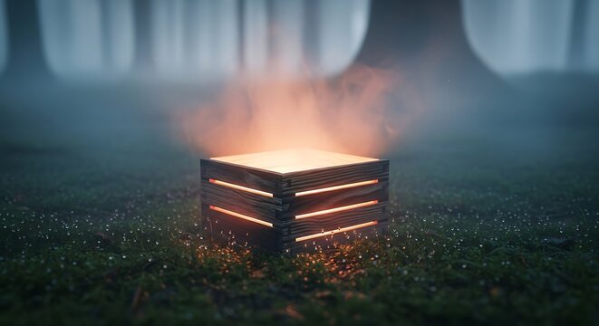 Mysterious glowing wooden crate emitting light in a foggy forest at dusk creating a surreal ambiance