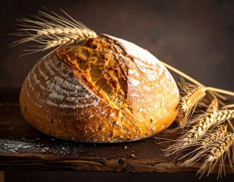 Crusty round loaf sits on a rustic wood board with wheat stalks - Powered by Adobe