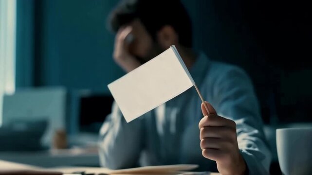 Depressed businessman holding and raise up small white flag for give up while sitting at office