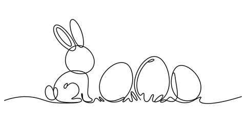 Continuous line art illustration of an adorable easter bunny with three eggs, rendered in a minimalist style for festive holiday designs. Vector, illustration © Single Line Art