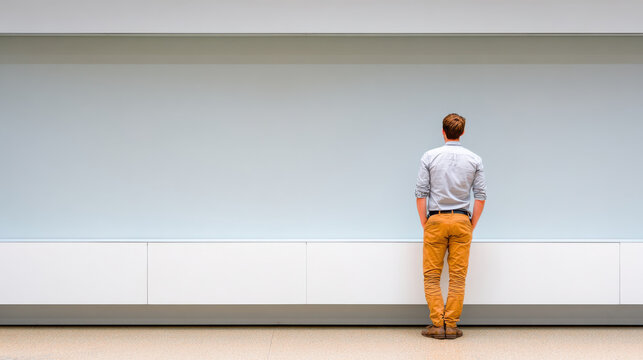 Young man facing blank gallery wall with pessimistic outlook in quiet modern space