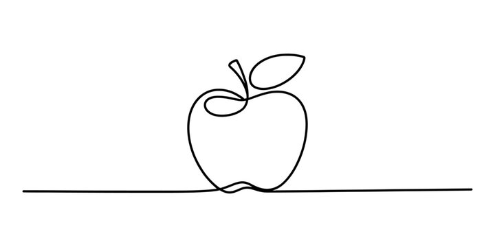 Continuous line drawing of a fresh apple with a stem and leaf, an elegant minimalist artistic rendition of healthy organic fruit isolated. Vector, illustration