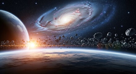 A vast expanse of space with a galaxy and planets in the foreground.