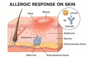 Scientific infographic of an allergic response on skin showing wheal and flare pattern. clear depiction showing histamine cascade and an allergen trigger causing discomfort