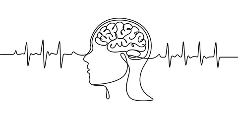 Continuous line drawing of human head profile with brain and dynamic ecg heartbeat pulse line, symbolizing intelligence, mental health. Vector, illustration