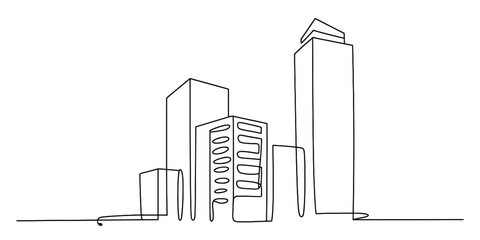 Continuous line drawing of a modern city skyline with diverse skyscrapers and urban architecture representing growth and development. Vector, illustration