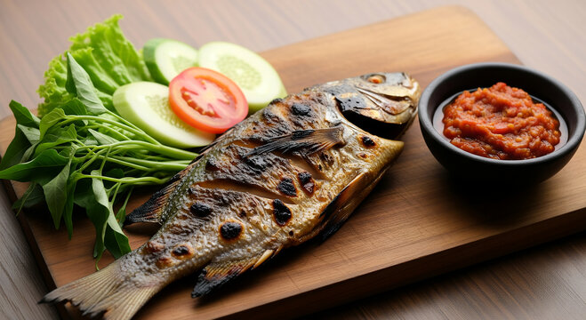 Indonesian Grilled Fish (Ikan Bakar) with Fresh Vegetables and Sambal Chili Sauce