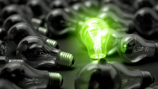 One outstanding idea with one glowing green light bulb surrounded by the power is out light bulb