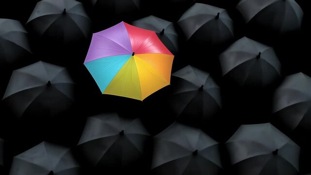 Top view of a colorful umbrella stand out from the crowd surrounded by black umbrellas