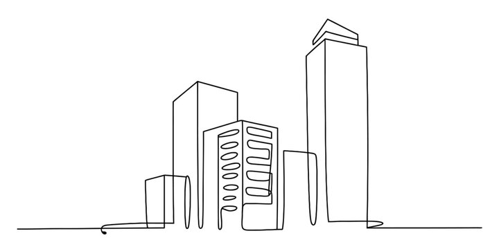 Continuous line drawing of a modern city skyline with diverse skyscrapers and urban architecture representing growth and development. Vector, illustration