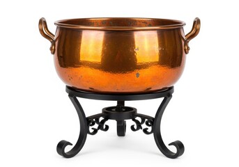 Shiny copper pot with decorative metal stand for culinary or decorative use