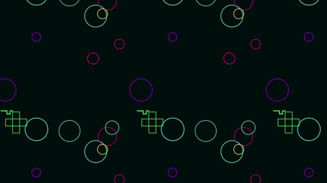 Vibrant retro cyberpunk digital pattern with neon geometric shapes scrolling upwards continuously motion