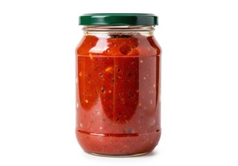 Delicious red tomato sauce jar with green lid isolated on