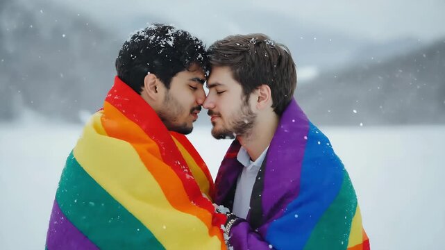 Happy LGBTQ+ couple embracing warmly in a snowy winter landscape, covered with a bright Pride flag shawl symbol of love and equality
