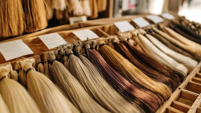 A display stand showcasing various types and colors of hair extensions. The extensions should be neatly arranged, showing different lengths and textures