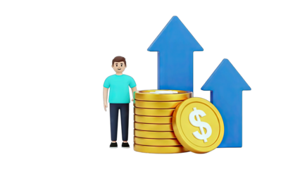 Man Standing Beside Stack of Gold Coins and Blue Upward Arrows Illustrating Financial Growth and Investment Success on Transparent Background