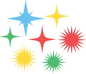 Collection of stylized brightly colored fourpoint and multipointed starburst shapes on white