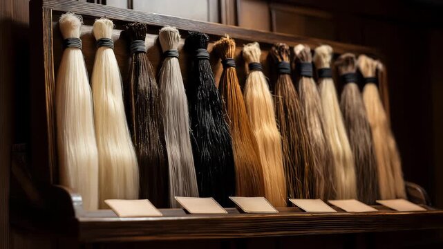 A display stand showcasing various types and colors of hair extensions. The extensions should be neatly arranged, showing different lengths and textures
