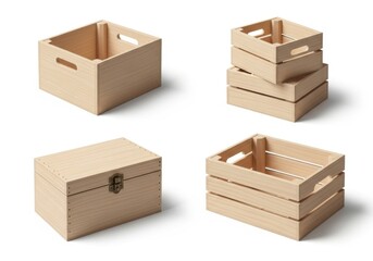 Four light wood crates displayed individually and stacked for storage and organization