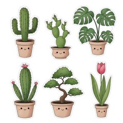 Collection of six adorable potted plants cute kawaii style home decor garden nature