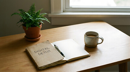 A quiet scene with a "Digital Detox" notebook, a plant, and a coffee mug on a wooden table by a window.