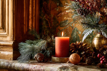 Warm holiday glow with red candle, pine cones, and festive ornaments, perfect for cozy Christmas celebrations and creating a serene, inviting atmosphere