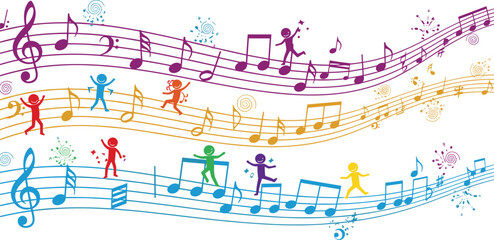Vibrant Music Staffs with Colorful Notes and Cute Stick Figures Dancing on the Lines to Represent Fun Sound and Celebration Vector Illustration.t