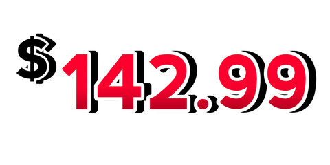 Red price tag 142.99 dollars sign symbol on transparent background. Perfect for advertising, sale banners, product promotion, discount labels, and e-commerce graphics design elements.