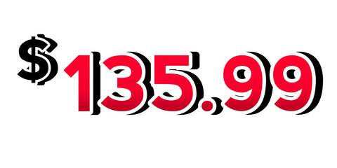 Red price tag 135.99 dollars sign symbol on transparent background. Perfect for advertising, sale banners, product promotion, discount labels, and e-commerce graphics design elements.
