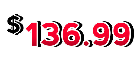 Red price tag 136.99 dollars sign symbol on transparent background. Perfect for advertising, sale banners, product promotion, discount labels, and e-commerce graphics design elements.