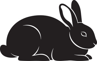 Black rabbit silhouette vector illustration, side view, fluffy ears, isolated on transparent or white background, perfect for design elements